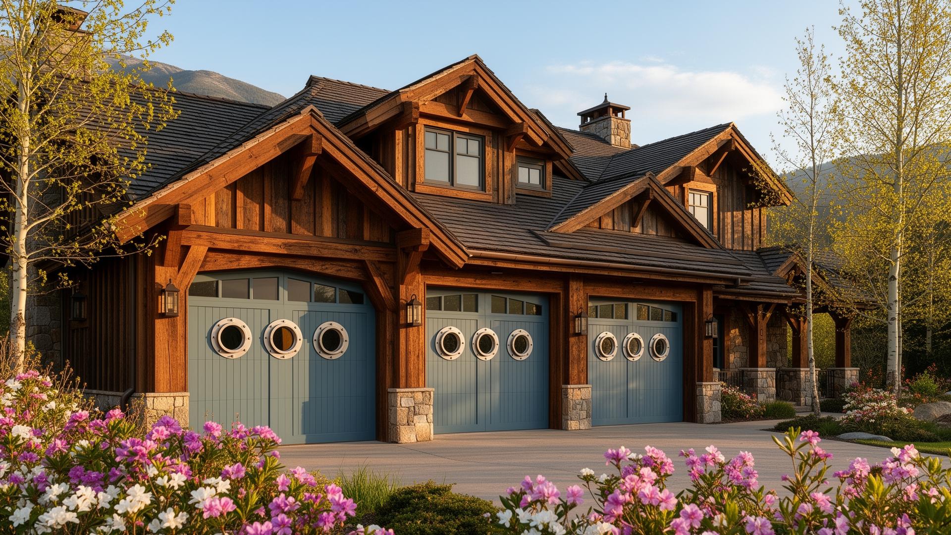 Luxury home with coastal style garage doors featuring porthole windows in Longwood Florida